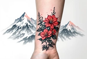 red  and black rhododendron trippy with Himalayas behind tattoo idea