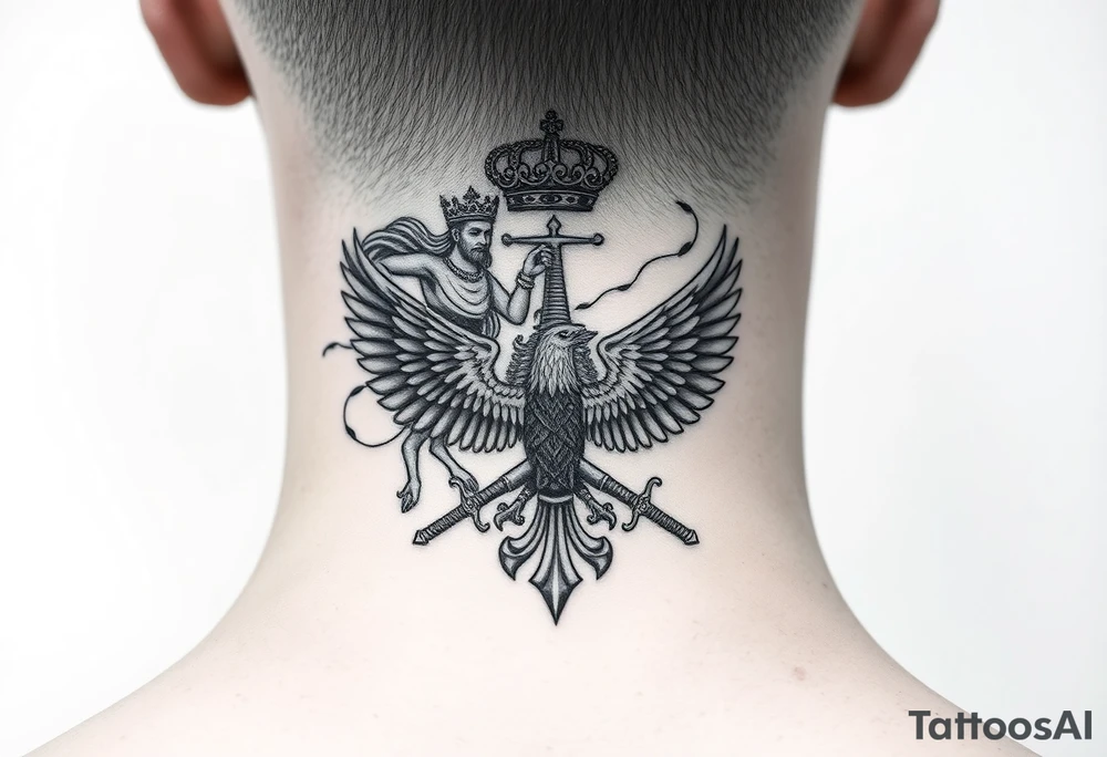 St. George slaying the dragon (hugely common in Russian Orthodox art)
Russian imperial crown above the eagle
Crossed swords or a Russian sabre
The Kremlin or St. Basil's Cathedral scene tattoo idea