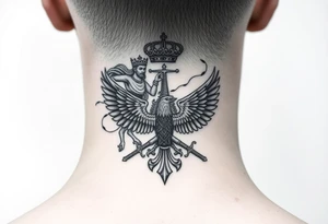 St. George slaying the dragon (hugely common in Russian Orthodox art)
Russian imperial crown above the eagle
Crossed swords or a Russian sabre
The Kremlin or St. Basil's Cathedral scene tattoo idea