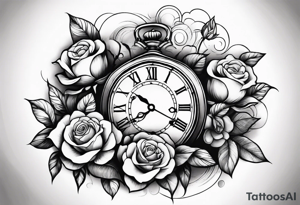 Arm tattoo with clock surrounded by clouds and a rose at the bottom tattoo idea Arm tattoo with clock surrounded by clouds and a rose at the bottom tattoo idea