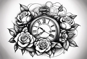 Arm tattoo with clock surrounded by clouds and a rose at the bottom tattoo idea