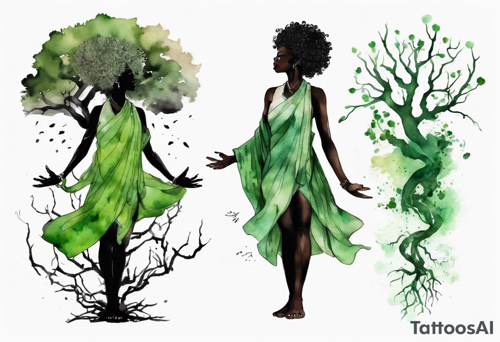 a tree with roots and a trunk that turns into a black woman reaching with her arms towards the sun, wearing a green tunic tattoo idea