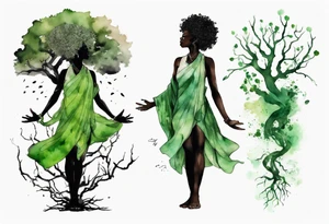 a tree with roots and a trunk that turns into a black woman reaching with her arms towards the sun, wearing a green tunic tattoo idea