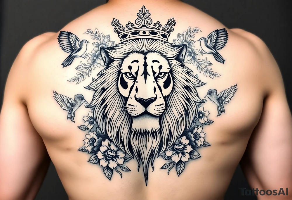 powerful majestic lion with a crown, surrounded by floral ornaments and birds tattoo idea