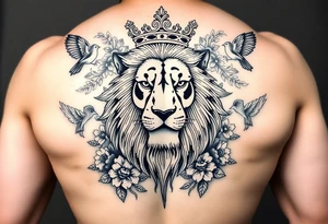 powerful majestic lion with a crown, surrounded by floral ornaments and birds tattoo idea