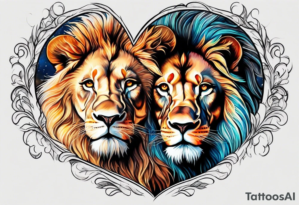 Lion and lioness forming a heart tattoo idea