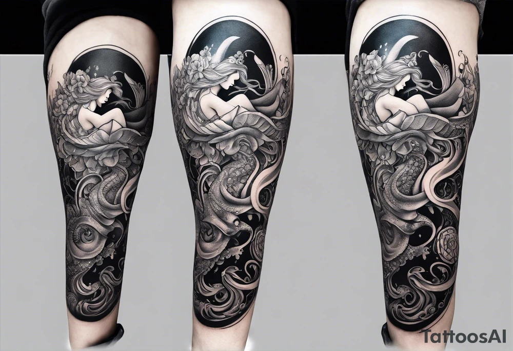 Leg sleeve with mermaid and octopus tattoo idea