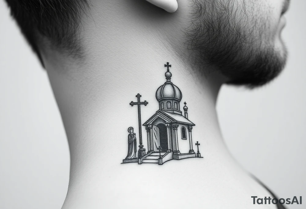 russian design traditional christian orthodox cross with a virgin mary stood beside the entrance of a russian orthodox dome church on the side of the neck in a wilderness setting tattoo idea