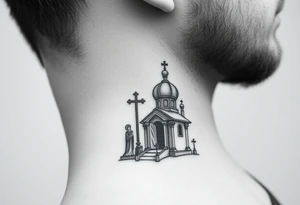 russian design traditional christian orthodox cross with a virgin mary stood beside the entrance of a russian orthodox dome church on the side of the neck in a wilderness setting tattoo idea