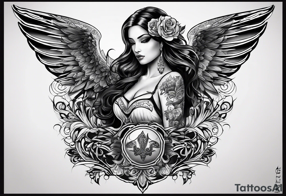 Tattooed Angel with The name « Leah » is written in gothic letters. The style is like the Mexican style tattoo idea