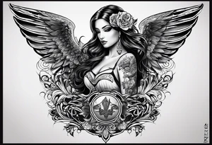 Tattooed Angel with The name « Leah » is written in gothic letters. The style is like the Mexican style tattoo idea