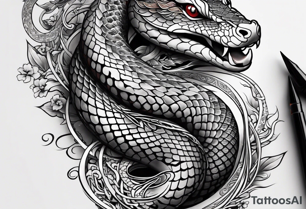 Snake tattoo for placement down along the spine with the head positioned at the bottom in japanese style to symbolise a journey of healing and transformation with reference to ying yang tattoo idea