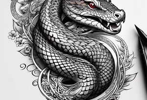 Snake tattoo for placement down along the spine with the head positioned at the bottom in japanese style to symbolise a journey of healing and transformation with reference to ying yang tattoo idea