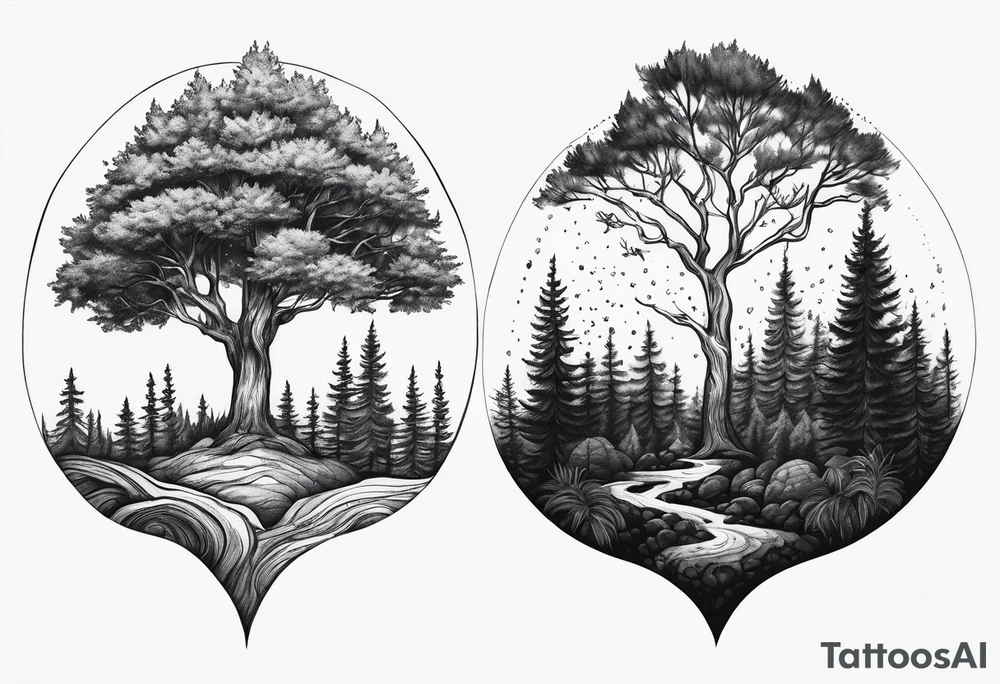 Small dainty detailed forest tree tattoo idea