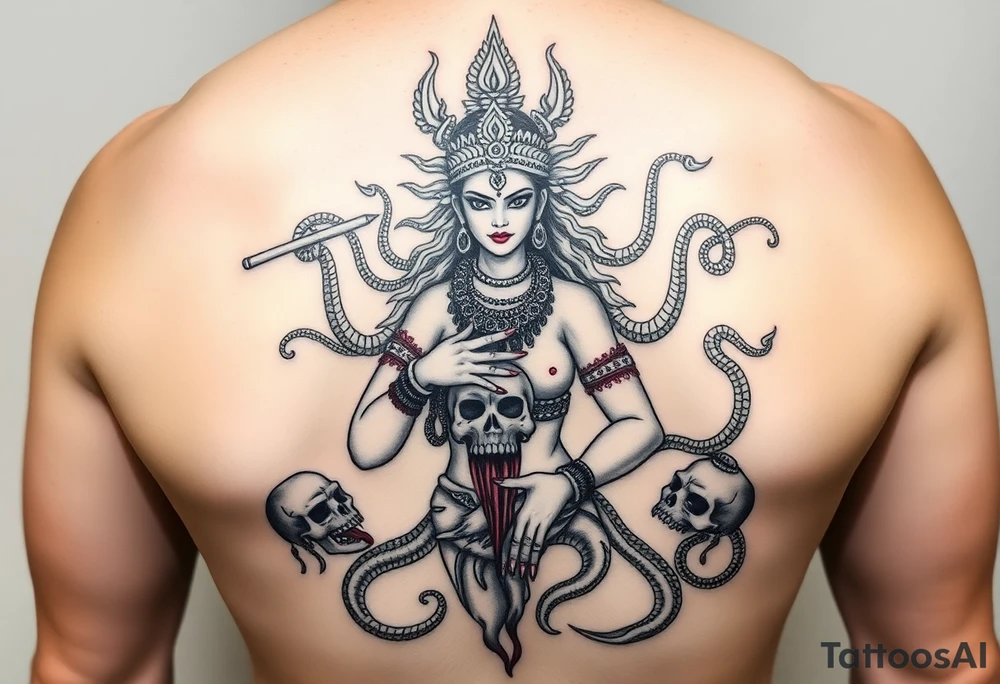 Mythological Chhinnamasta in dramatic tattoo style — nude goddess, fierce eyes, holding severed head, jets of blood. Attendants beside her drink the blood. Garlands of skulls, serpents around arms. Symbolizes self-sacrifice, duality, transformation. Epic composition, Hindu-inspired tattoo, high detail. tattoo idea