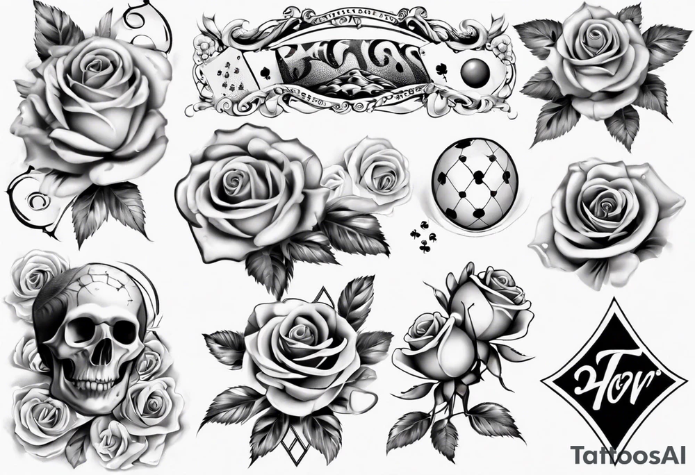 Half-sleeve arm tattoo. Roses, gambling and beach theme tattoo idea Half-sleeve arm tattoo. Roses, gambling and beach theme tattoo idea