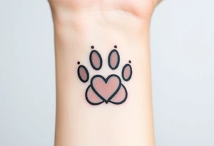 A dotwork-style paw print using only black ink with carefully placed stippling for a soft, shaded texture with heart tattoo idea