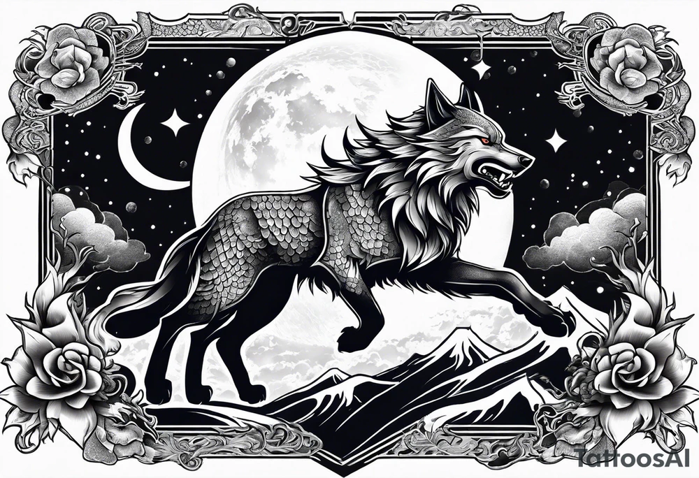 wolf with a dragon above the wolf and lightning and the moon in the background tattoo idea
