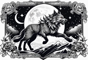 wolf with a dragon above the wolf and lightning and the moon in the background tattoo idea