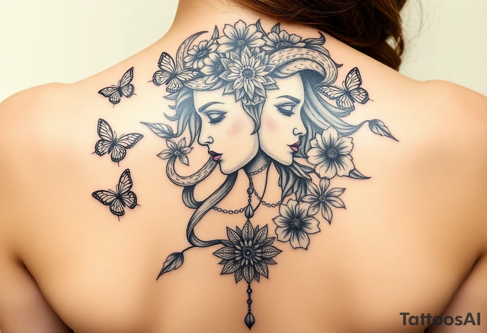 Side portrait of Medusa with flowers, butterflies 
and mandala tattoo idea