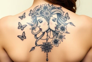 Side portrait of Medusa with flowers, butterflies 
and mandala tattoo idea