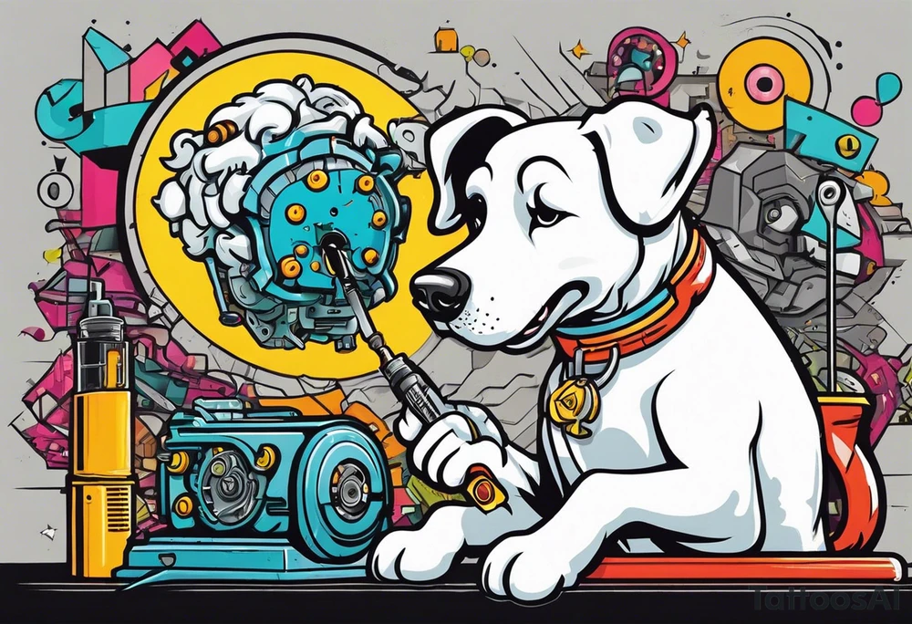 White dog fixing his mechanical brain with screwdriver tattoo idea