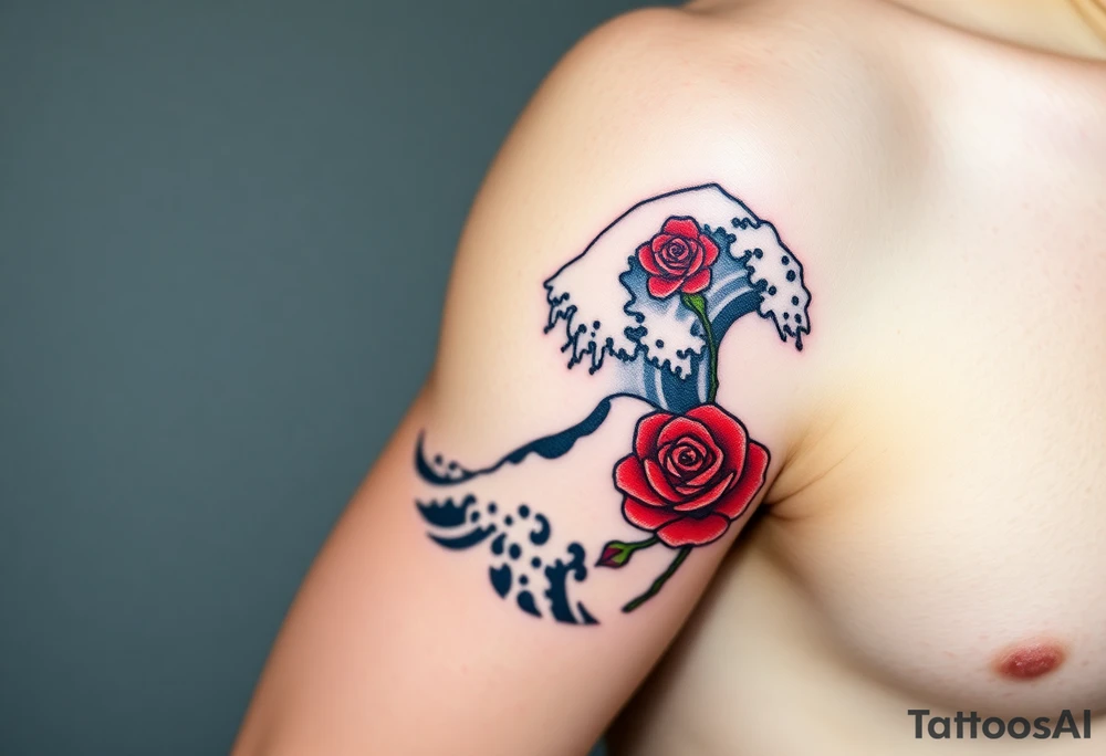 The Great Wave off Kanagawa incorporate a red rose with a stem on the side of the wave tattoo idea