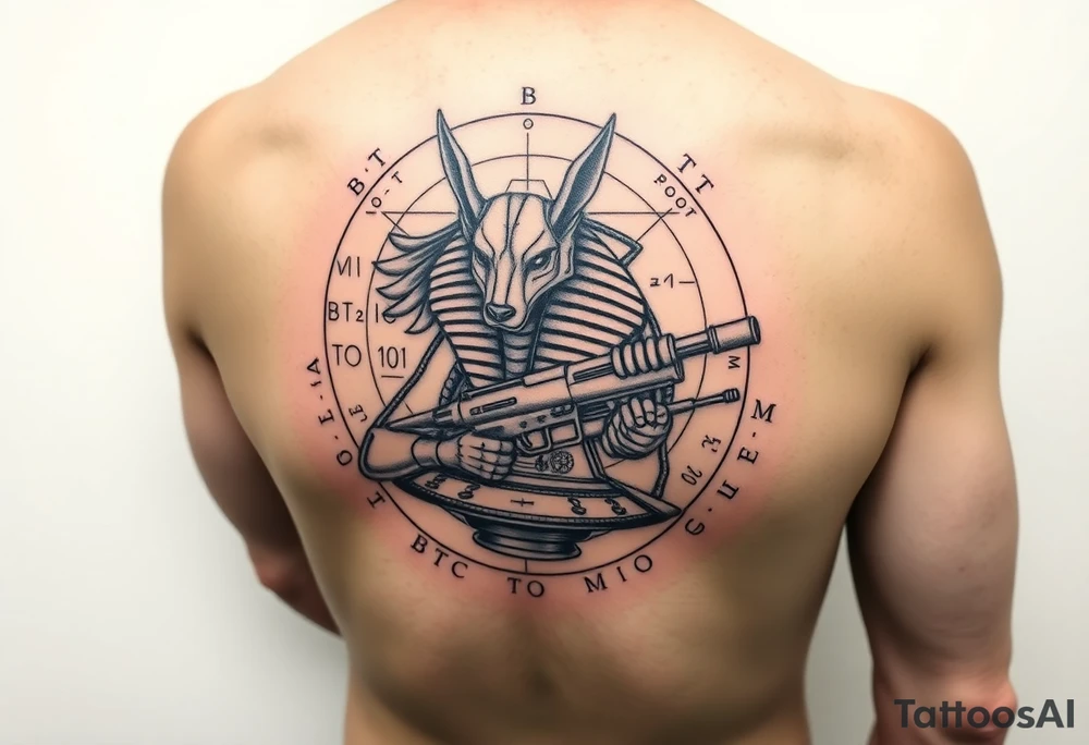 "Anubis in a ufo, holding a tommy gun. His jackal head is half-cyborg (exposed circuits). Hieroglyph background spells 'BTC TO THE MOON'.  

Style: Art Deco meets cyber-Egyptian. Black/red/gold ink. Forearm sleeve." tattoo idea