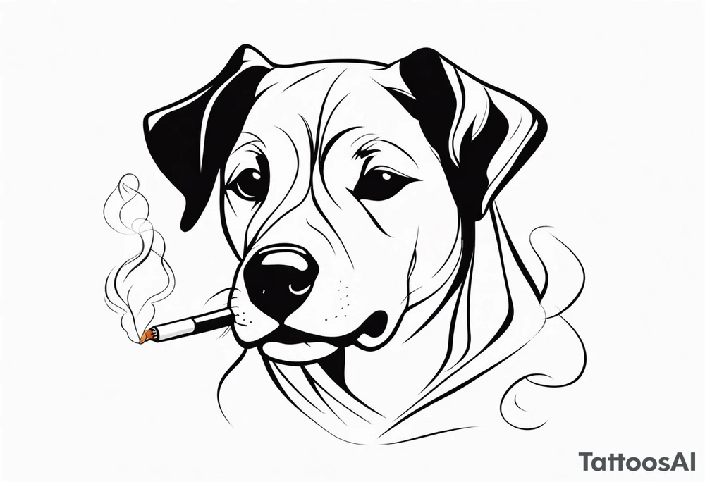 A black and white sketch of a cute dog with large, sad eyes, sitting and smoking a cigarette, with smoke swirling around its head tattoo idea