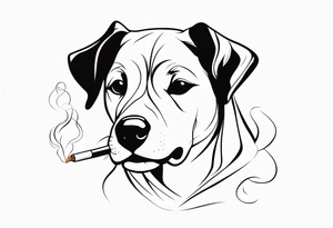 A black and white sketch of a cute dog with large, sad eyes, sitting and smoking a cigarette, with smoke swirling around its head tattoo idea