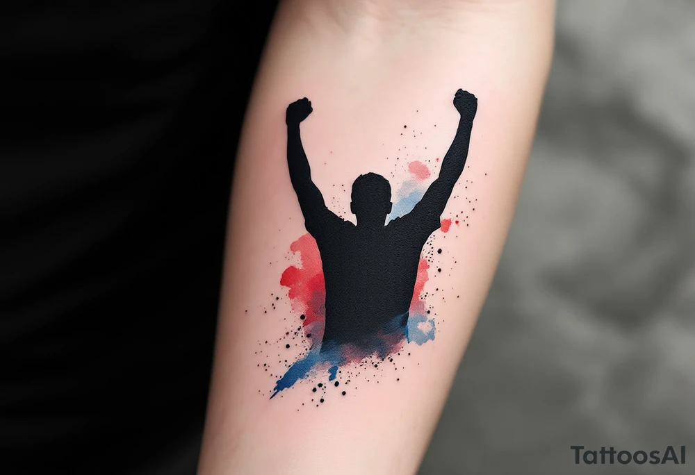 Goal Celebration Silhouette – A full black silhouette of a player raising arms in victory, backed by a faded watercolor splash in red, white, and blue. tattoo idea