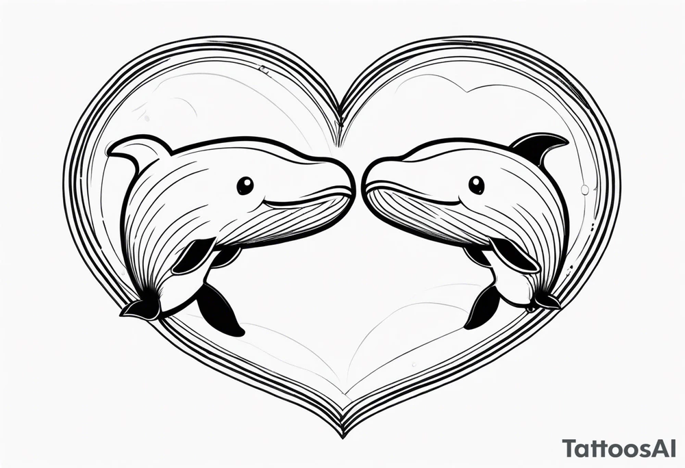Two cartoon cute whales making heart tattoo idea