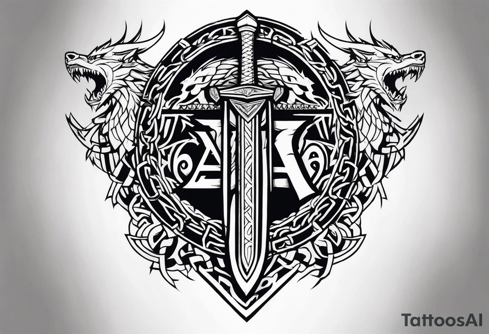 Valhalla sword shield dragon axe Valknut barbed wire chains tribal tattoo idea
