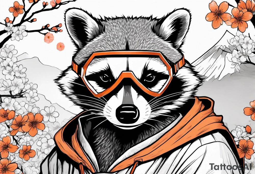 raccoon wearing a Superman hoodie with orange Japanese cherry blossoms tattoo idea