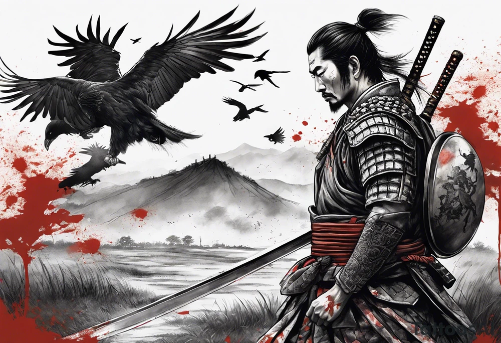 A tired samurai wounded from battle holding his helmet in one hand and in the other hand his sword with a mixture of blood and dirt, wearing his dirty armour he is steeping above some body's from the battle in open field and looking vaguely ylto the horizon while crows are flyting above him and the corpses tattoo idea