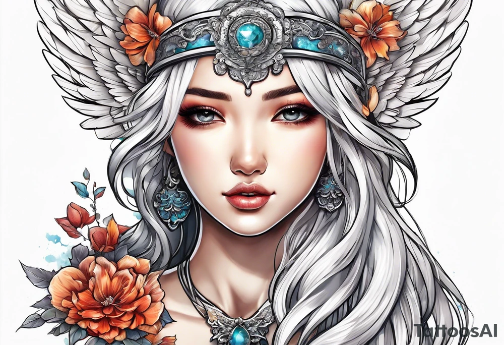 girl angel with wings and halo facing the right whispering tattoo idea