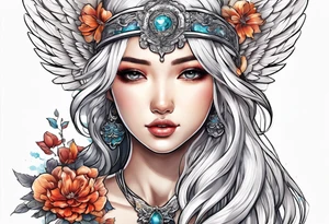 girl angel with wings and halo facing the right whispering tattoo idea