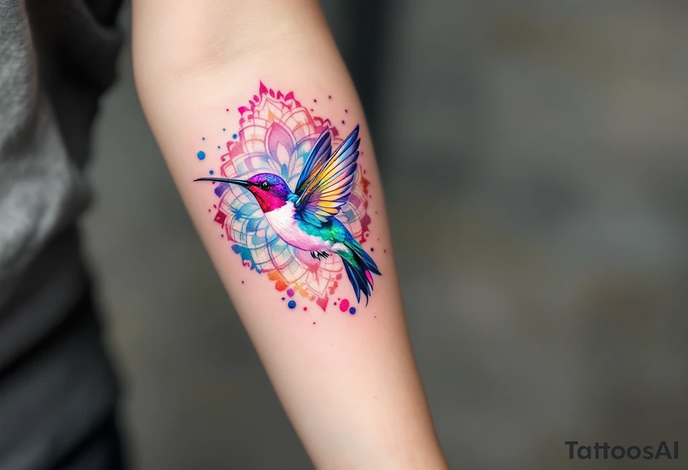 Colorful hummingbird centered in front of a mandala design tattoo idea