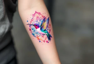 Colorful hummingbird centered in front of a mandala design tattoo idea