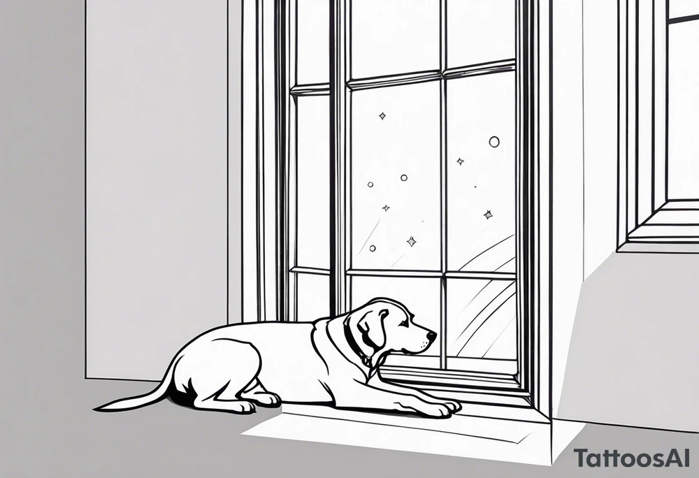 dog on floor and looking out tall octagonal window together tattoo idea