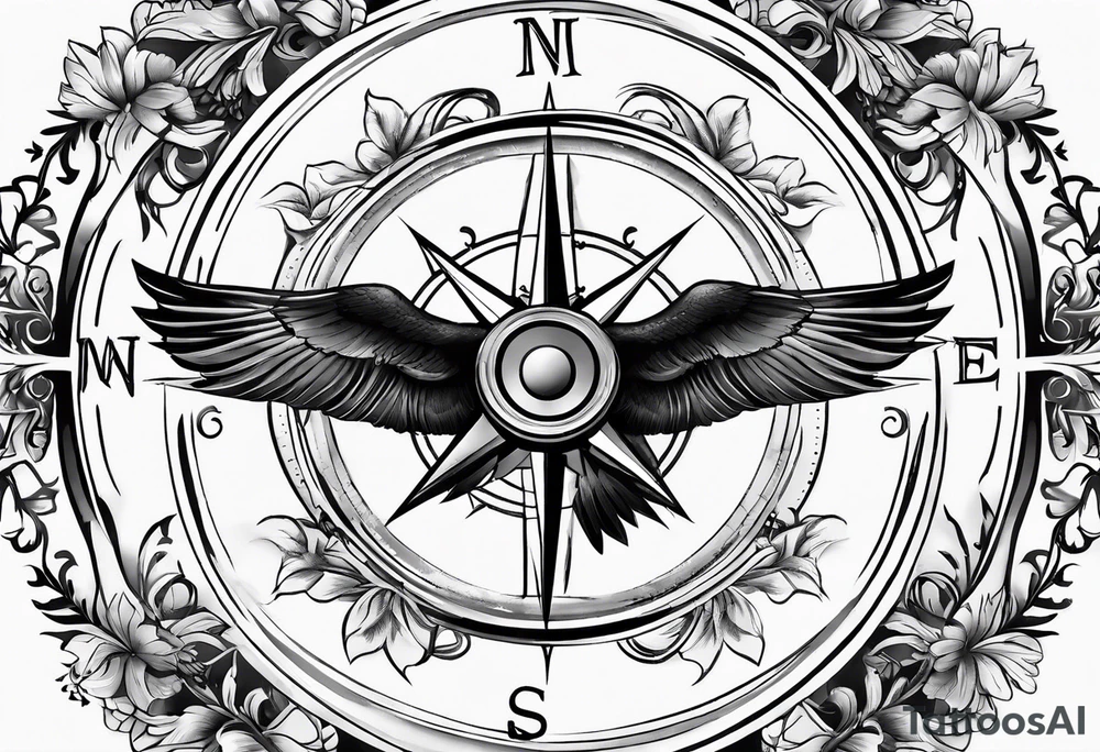 Simple compass with three black birds flying by north tattoo idea