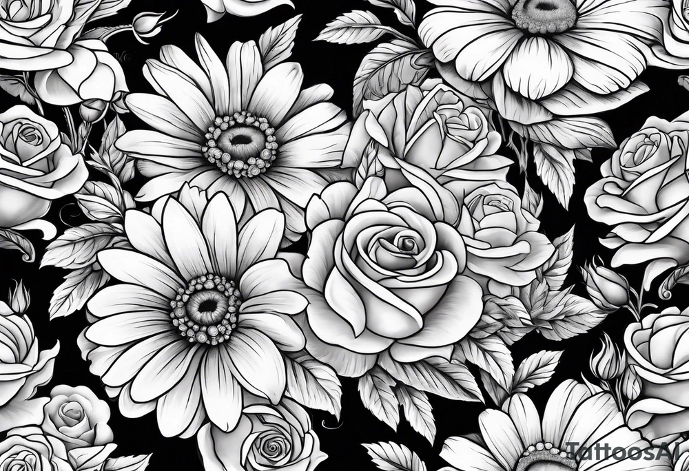 Boquet of daisys and roses with a flame surrounding them tattoo idea