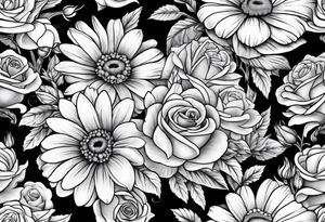 Boquet of daisys and roses with a flame surrounding them tattoo idea