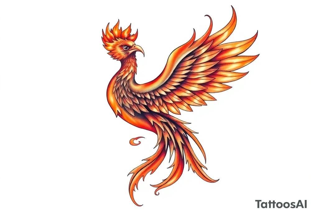 large fiery phoenix surrounded by fire. with a crown of fire flapping wings with a flaming tail tattoo idea