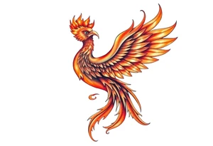 large fiery phoenix surrounded by fire. with a crown of fire flapping wings with a flaming tail tattoo idea