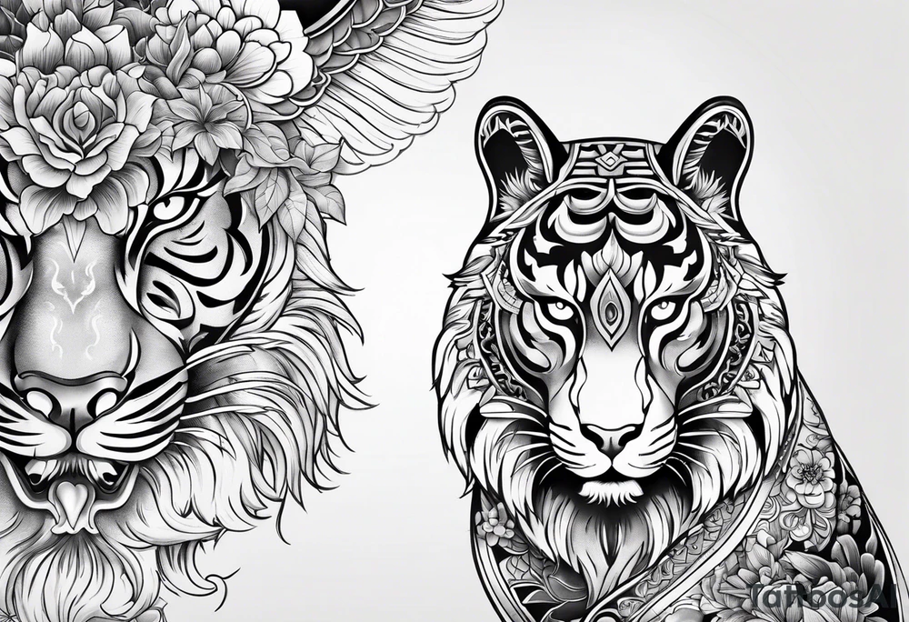 Japanese traditional style black and white Hamsa with tiger and crane fighting inside tattoo idea