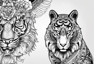 Japanese traditional style black and white Hamsa with tiger and crane  fighting inside tattoo idea