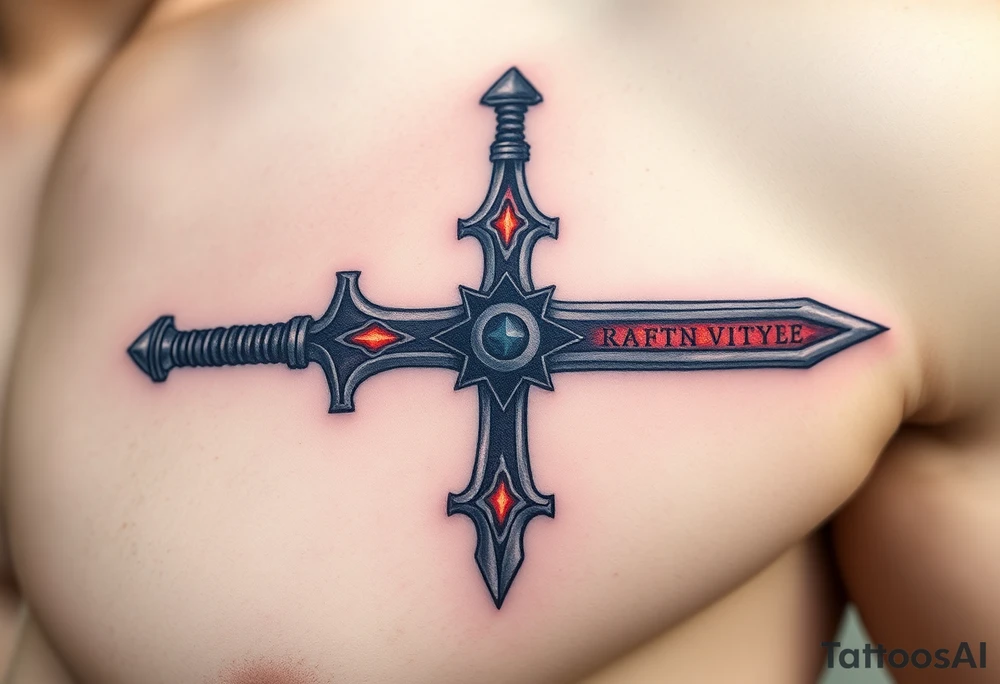 A battle-worn Templar cross fused into a medieval sword, with glowing runes along the blade tattoo idea
