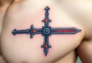 A battle-worn Templar cross fused into a medieval sword, with glowing runes along the blade tattoo idea