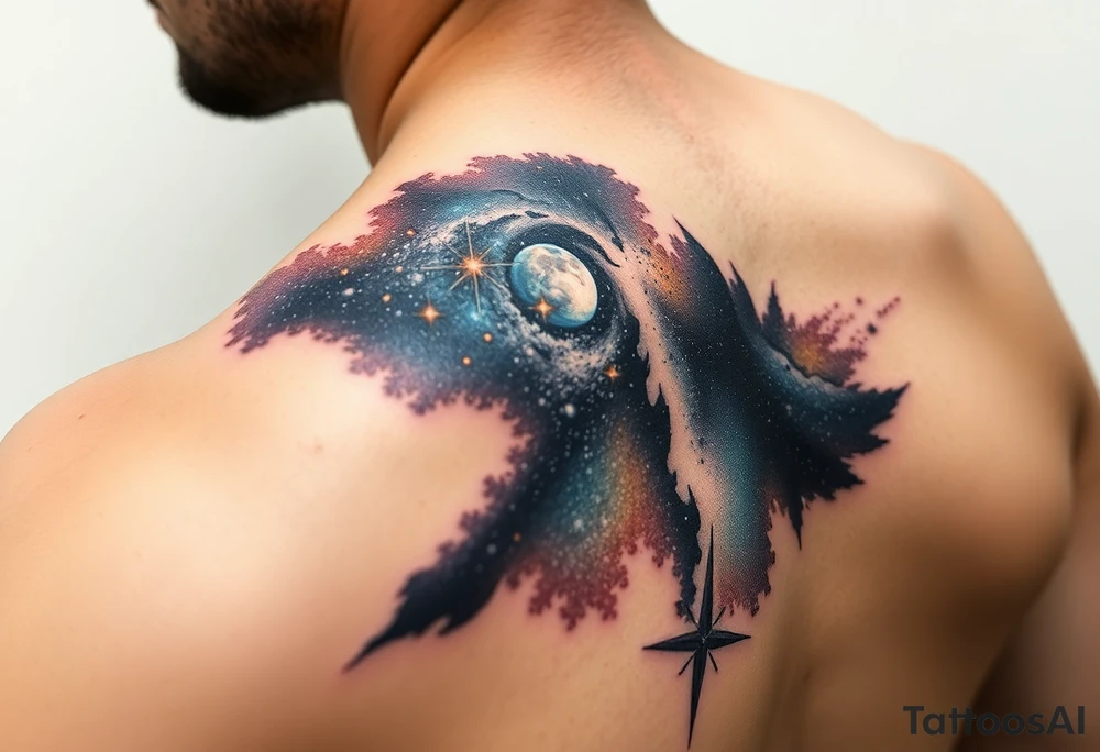 Beautiful and epic 3d milky way that appears to be what is beneath the skin. Make it drape over the shoulder and move to the middle back. use negative spaces to create stars and dust. Incorporate God breathing life into the universe. Keep it symmetrical tattoo idea